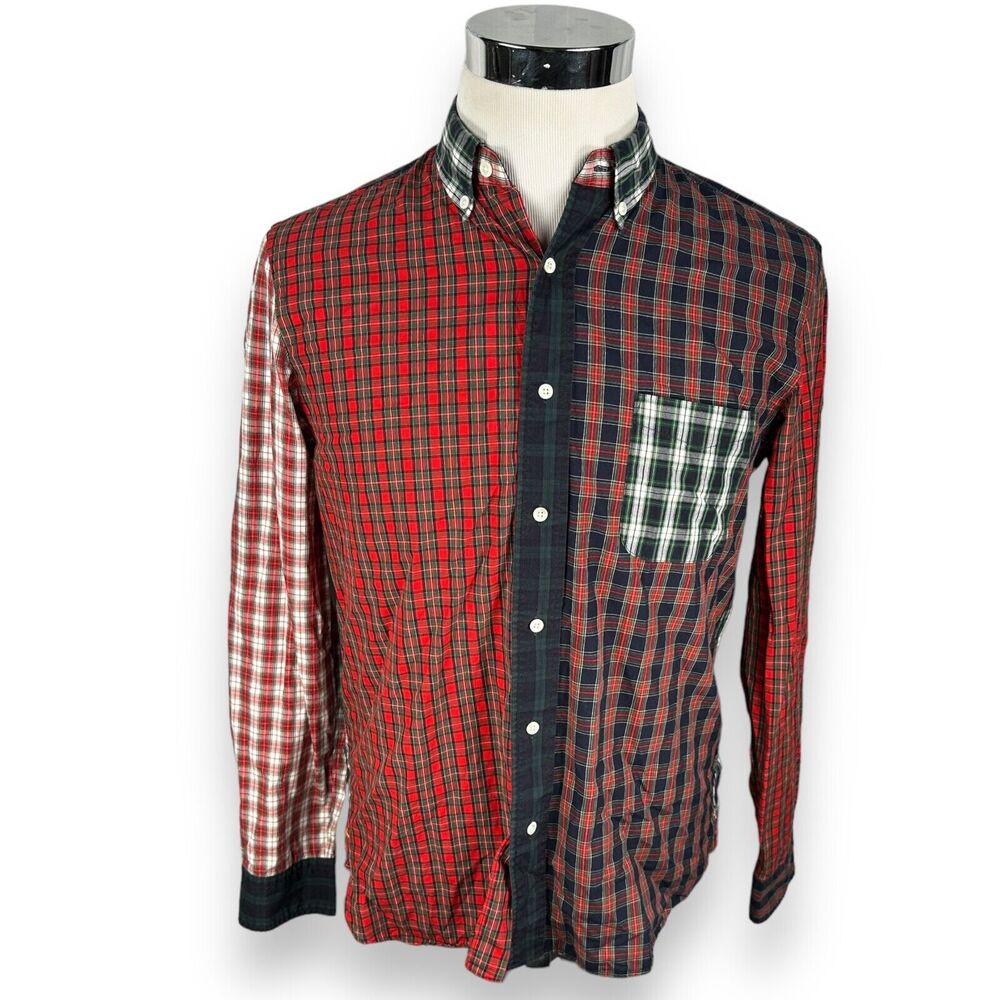 Beams‎ Japan Shirt Men's Medium Patchwork Plaid Colorblock Red Blue Green Button